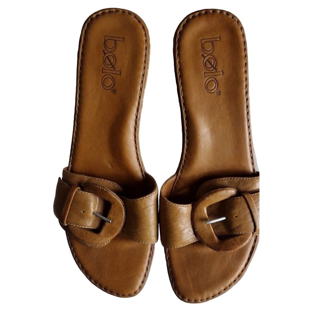 bolo Tan Leather Slides w/Wide Buckle,‎ Low Heel, Size 6
